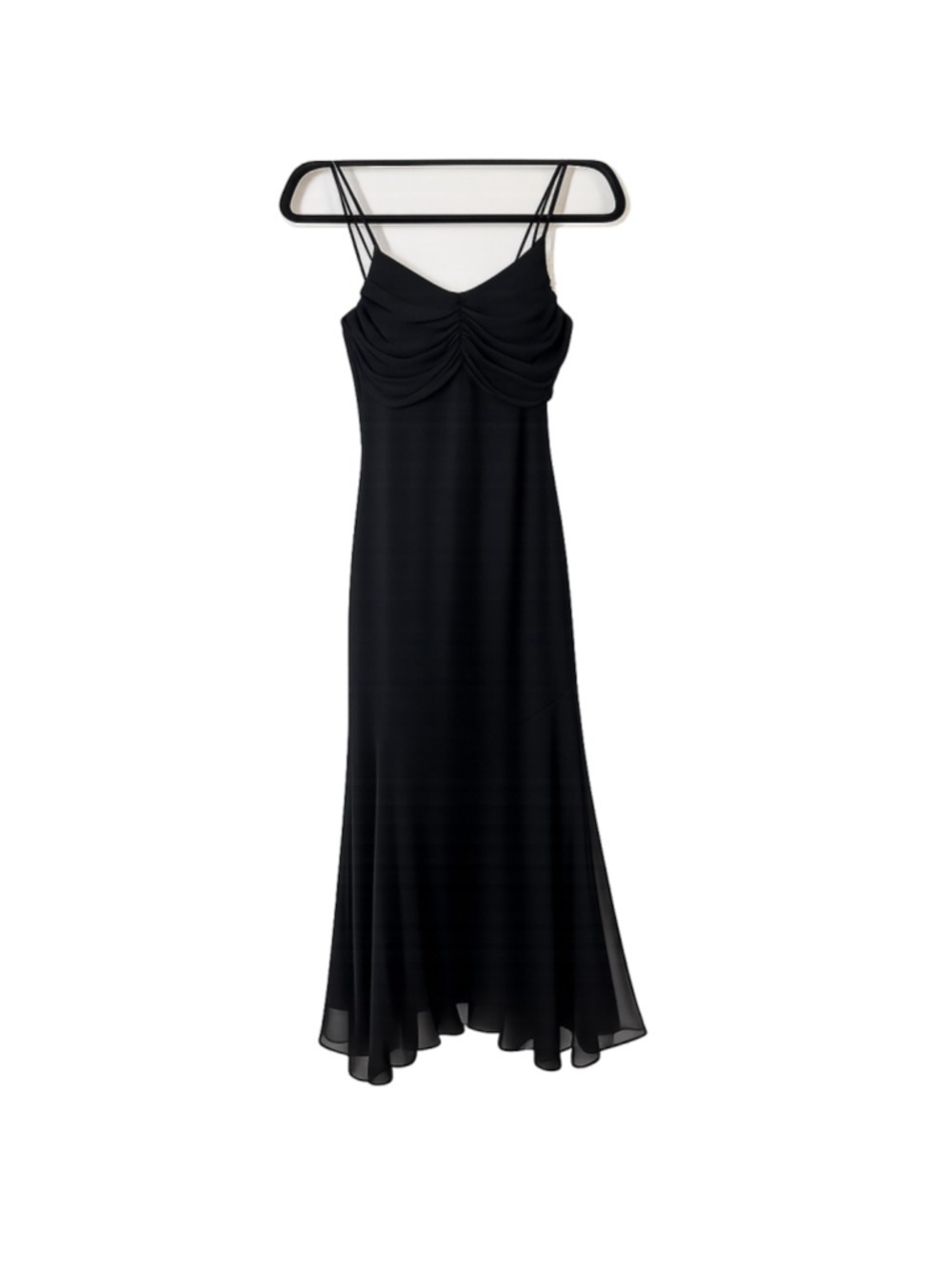 Black Cocktail Evening Dress Sheer Chiffon Midi Flowy Spaghetti Straps Petite S - Picture 3 of 8
